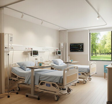 Modern Hospital Room with Two Beds and City View