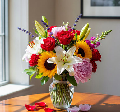 Vibrant Mixed Flower Bouquet on Wooden Table Indoors