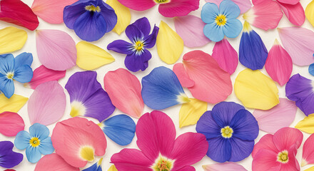 A colorful arrangement of various flower petals and whole blooms scattered on a white surface view from above