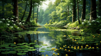"Tranquil Forest Lake with Trees and Nature Scenery"