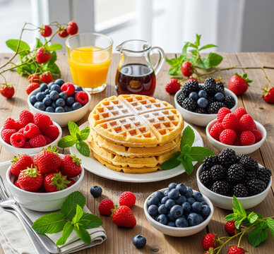 Homemade Golden Waffles with Fresh Berries and Maple Syrup