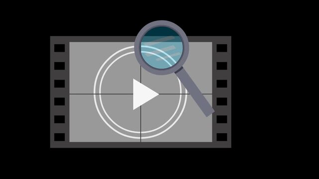 video animation magnifying glass and film negative, in search movie reel file concept, on a transparent background with alpha channel set to zero