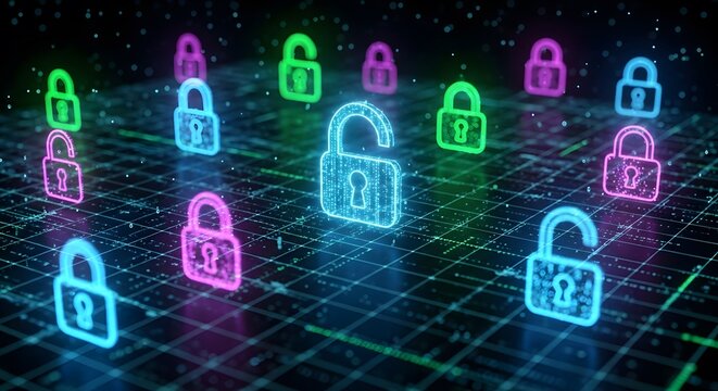 Digital security concept with glowing neon locks on a digital grid