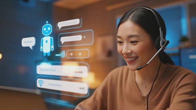 Woman wearing headset communicating with chatbot hologram on computer screen. Futuristic customer service and artificial intelligence assistant concept. Studio digital visualization. Design for poster - Powered by Adobe