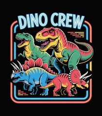 This vividly colorful graphic displays a Dino Crew with various dinosaurs in a retro style, celebrating the charm of prehistoric creatures through a joyful artistic lens.