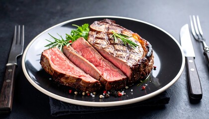 Grilled steak slices on a dark plate