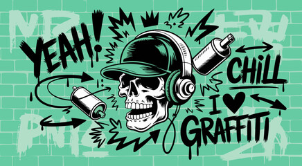 This artwork portrays a skull in a cap and headset surrounded by spray cans, representing the fusion of music and graffiti culture in an edgy and artistic manner.