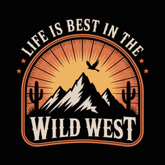This vibrant graphic captures the essence of the Wild West, featuring majestic mountains, a soaring eagle, and silhouettes of cacti under a golden sunrise backdrop.
