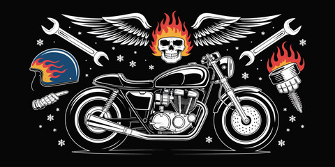 A modern artistic depiction of a motorcycle encircled by various symbols of rebellion and adventure, representing freedom and the biker lifestyle in a captivating way.