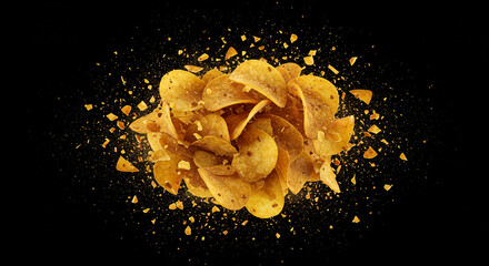A pile of golden potato chips with seasoning and crumbs on a stark black background centered in the frame
