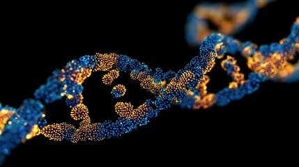 A glowing, abstract double helix of genetic material twists against a black background, highlighted