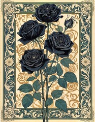 Decorative art nouveau illustration of black roses in an ornate decorative golden floral background
