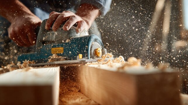 Close-up of a carpenter using a planer on a wooden plank. - Powered by Adobe