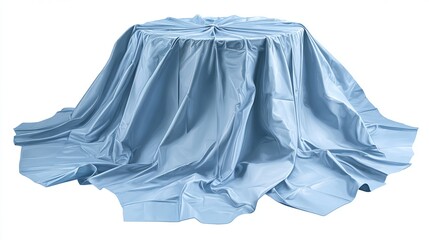 Draped light blue fabric concealing a round table, forming voluminous folds