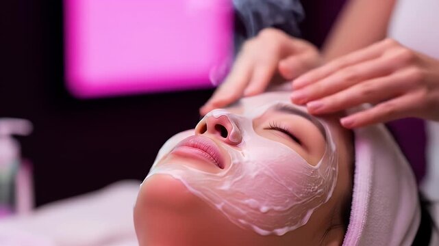 Close Up Video of a Serene Young Woman Receiving Facial Treatment Applying Cream with Soft Hands in a Spa for Skincare Promoting Wellness Beauty Advertisement and Relaxation Emphasizing Self-Care