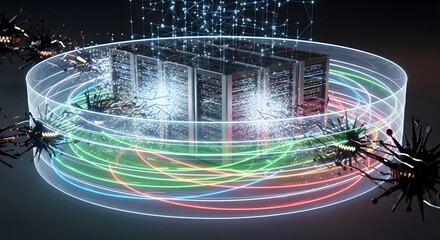 Server room with glowing data streams and cybernetic elements