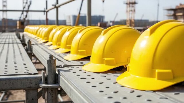 Construction Site: Row of Yellow Hard Hats on Scaffolding
