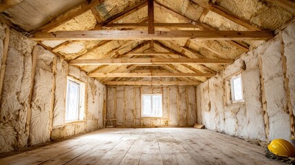Interior view of a building under construction, insulated with foam.