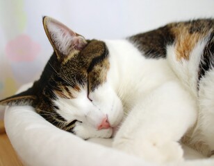 Sleepy calico cat in a nest