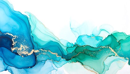 A vibrant abstract ink painting, showcasing a captivating blend of teal, turquoise, and emerald hues, flowing seamlessly across a white backdrop.
