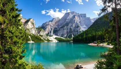A serene alpine lake nestled amidst towering mountains, bathed in vibrant sunlight, reflecting a stunning azure sky.