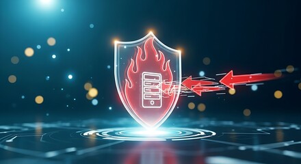 Network firewall and cybersecurity concept. A holographic shield of fire protects a server icon from red threat arrows trying to penetrate.