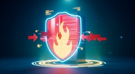 Network firewall and cybersecurity concept. A holographic shield of fire protects a server icon from red threat arrows trying to penetrate.