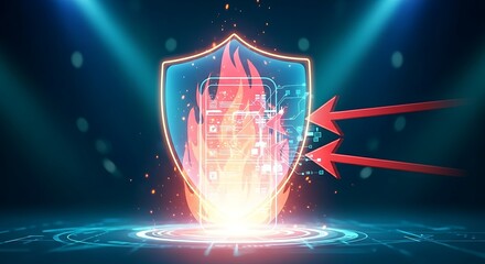 Network firewall and cybersecurity concept. A holographic shield of fire protects a server icon from red threat arrows trying to penetrate.