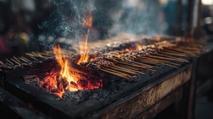 Outdoor street food skewers cooking