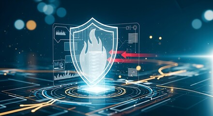Network firewall and cybersecurity concept. A holographic shield of fire protects a server icon from red threat arrows trying to penetrate.
