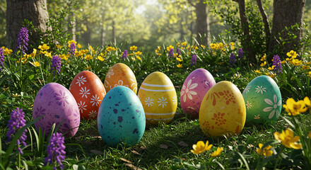 A group of easter eggs nestled in the grass among flowers in a sunlit forest scene springtime holiday