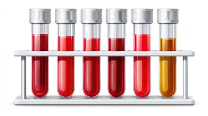 Blood vials in a rack, varying colorations show potential health issues or treatments