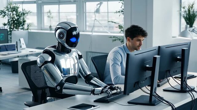 Futuristic humanoid robot working alongside caucasian businessman at computer desk in modern bright office environment with large windows