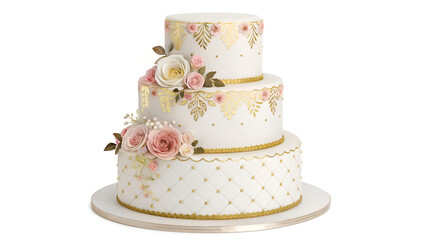 Elegant three tier wedding cake with floral decorations and gold accents for celebration events and parties