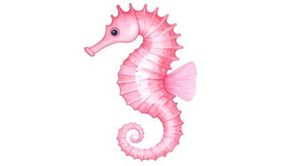 Fototapeta premium A charming, pink seahorse, rendered in a delicate watercolor style, is displayed against a plain white backdrop.