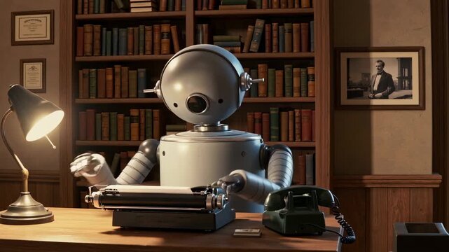 Retro robot typing on vintage typewriter in classic library office with books and desk lamp