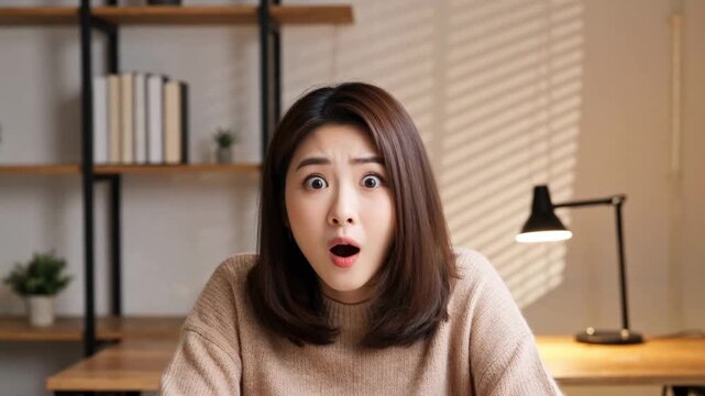 Young Asian woman expressing shock and surprise in modern home office with beige sweater and wooden shelves