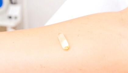 Light-colored, oblong medical patch applied to a light beige arm.