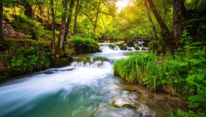 Obraz premium Serene Forest Stream with Wooden Bridge and Lush Greenery.