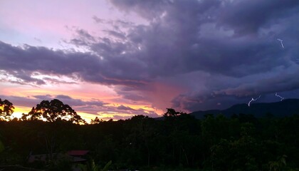 Dramatic sunset over a lush rainforest, with vibrant colors and a powerful thunderstorm looming.