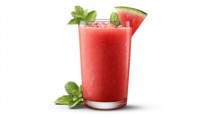 Fresh watermelon drink in tall glass garnished with mint and watermelon