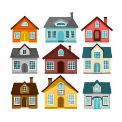 A charming collection of colorful vector icons featuring various house designs, showcasing diverse residential architecture for modern living and community themes