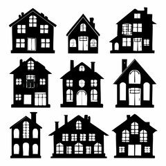 Fototapeta premium A captivating set of diverse black silhouette vector icons showcasing various house designs, perfect for real estate, urban planning, and architectural concepts