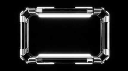A glowing, rectangular frame with rounded corners, metallic and geometric, shines against a black background