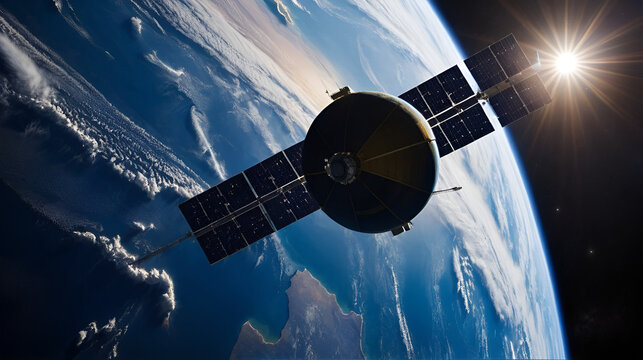 A satellite orbits Earth, capturing a breathtaking view of the planet against a backdrop of space and sunlight.