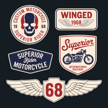 This graphic collection showcases biker-themed patches underlining the symbolism of freedom and rebellion, featuring iconic skull and wing designs for motorcycle enthusiasts.