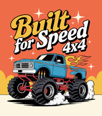 A lively graphic of a monster truck in motion, showcasing its power and speed, ideal for representing the excitement of motorsport culture and attracting car enthusiasts.