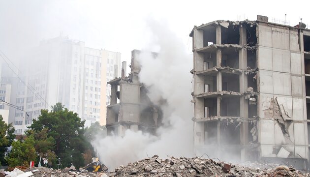 A derelict building collapses amidst a cloud of debris and smoke, viewed against a backdrop of surrounding structures.