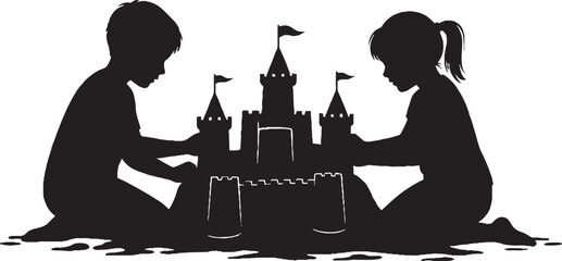 Fototapeta premium Children Building Sandcastle Silhouette Vector Illustration for Summer Play