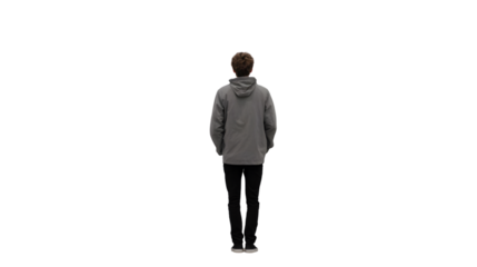 A person standing with their back to the camera wearing a gray hoodie and black pants on black background